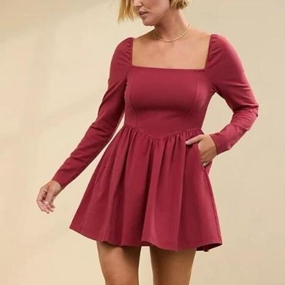 Aerie Women's Long Sleeve Smocked Back Stretch Fit & Flare Mini Dress Size L Red - Picture 1 of 7